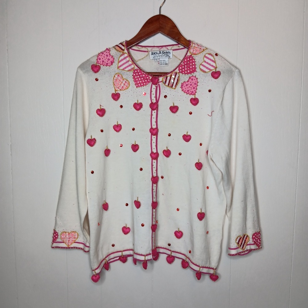 Jack B. Quick Valentine Cardigan Womens Size L White Sequin Beaded Heart Tassel